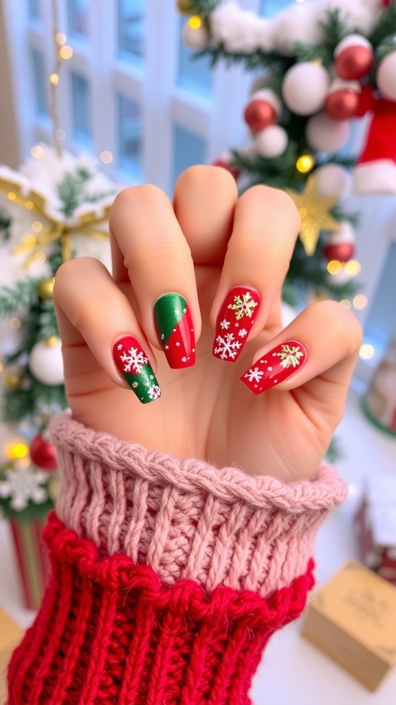 Festive Christmas nail art with red and green designs, snowflakes, and glitter.